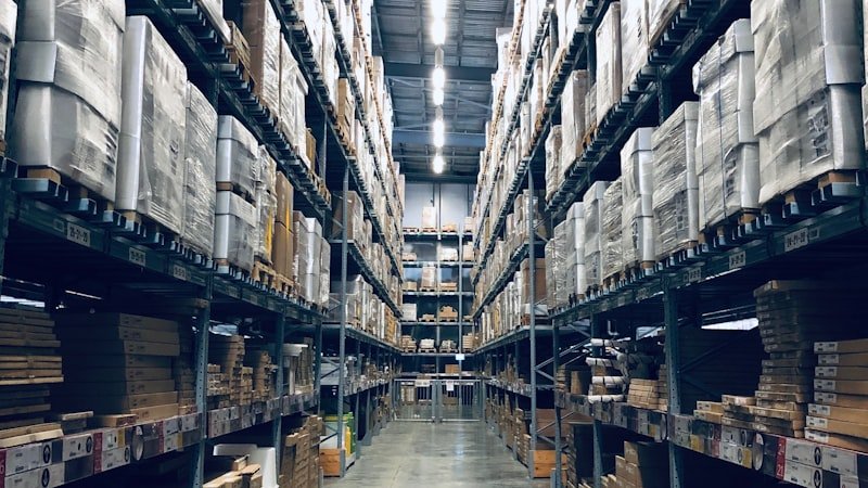 Warehouse shelving stocked with inventory